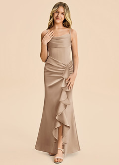 Azazie Rosalia Junior Robe Fourreau en Satin extensible Plissé Taupe image5