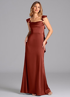 Azazie Adi Bridesmaid Dresses Terracotta A-Line Pleated Stretch Satin Dress image4