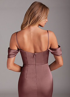 Azazie Saige Bridesmaid Dresses Vintage Mauve Sheath Off the Shoulder Stretch Satin Dress image8