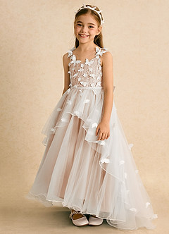 Azazie Darlina Abiti da Ragazza di Fiori Abito Principessa in Tulle Pizzo Avorio Rosa Inglese image6