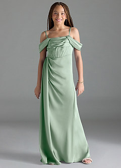Azazie Amyra Junior Agave Sheath Off the Shoulder Stretch Satin Dress image1