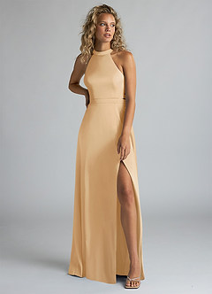 Azazie Clarice Bridesmaid Dresses Gold A-Line High Neck Stretch Satin Dress image5