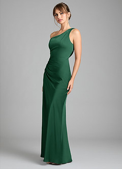Azazie Madelyn Bridesmaid Dresses Dark Green Mermaid One Shoulder Stretch Satin Convertible Dress image6