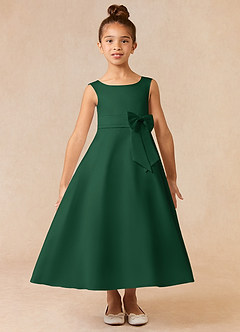 Azazie Lindy Flower Girl Dresses Dark Green A-Line Pleated Matte Satin Dress image2