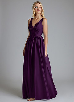 Azazie Delmie Vestidos de madrinha de casamento Vestido Uva de Cetim elástico de Linha A com Espartilho image4