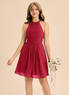 Azazie Bonnie Junior Scarlet A-Line Pleated Chiffon Dress image3