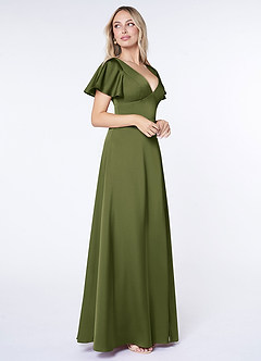Azazie Lani Bridesmaid Dresses Olive A-Line Flounce Sleeve Stretch Satin Dress image4