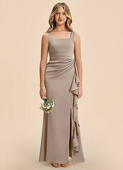 Azazie Adrienne Junior Taupe Sheath Pleated Stretch Satin Dress image3