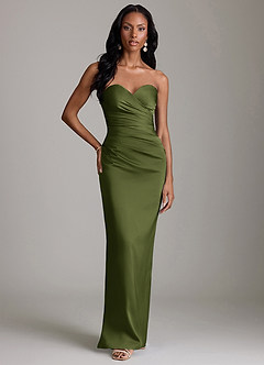 Azazie Sonora Vestidos de damas de honor Vestido de Oliva de Satén Elástico de Corte Recto con Sin tirantes image6