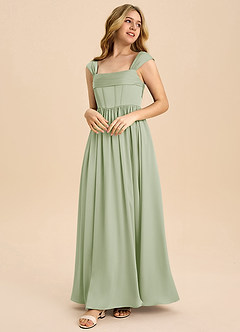 Azazie Hattie Junior Dusty Sage A-Line Pleated Stretch Satin Dress image3