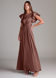 Azazie Daphne Robes de demoiselle d'honneur modestes Robe Trapèze Rayé Longueur ras du sol Satin extensible image8