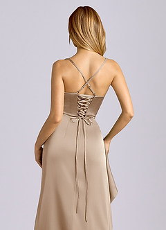 Azazie Sarai Bridesmaid Dresses Taupe Sheath Corset Stretch Satin Dress image2