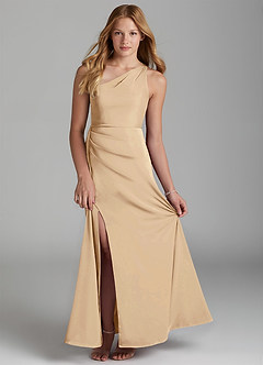 Azazie Maron Junior Champagne A-Line Pleated Stretch Satin Dress image1