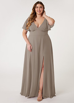 Azazie Kimber Bridesmaid Dresses Taupe A-Line Flounce Sleeve Chiffon Dress image1