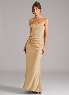 Azazie Debby Vestidos de damas de honor Vestido de Oro de Satén Elástico de Corte Sirena Convertible con Sin tirantes image4