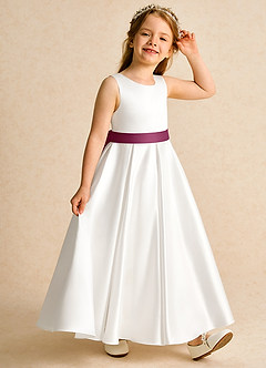 Azazie Cherry Flower Girl Dresses Ivory Mulberry Ball-Gown Pleated Matte Satin Dress image5