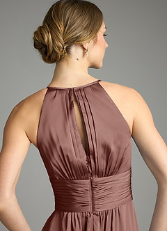 Azazie Bonnie Bridesmaid Dresses Espresso A-Line Pleated Stretch Satin Dress image6