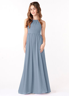 Azazie Jaylah Junior Dusty Blue A-Line Ruched Chiffon Dress image2