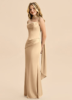 Azazie Sorrel Junior Champagne Mermaid Ruched Stretch Satin Dress image4