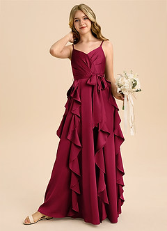 Azazie Peyton Junior Burgundy A-Line Pleated Stretch Satin Dress image3