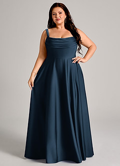 Azazie Shaude Bridesmaid Dresses Dark Navy A-Line Pleated Stretch Satin Dress image13