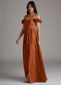 Azazie Autumn Vestidos de madrinha de casamento Vestido Laranja Queimada de Esgotamento Floral de Linha A com Fora do ombro image2