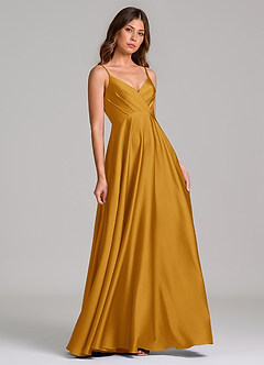 Azazie Amani Suknie dla druhen Linia A Pofałdowany Satyna elastyczna Do ziemi Sukienka image1