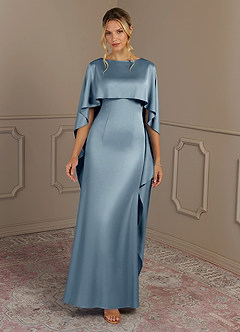 Azazie Eli Mother of the Bride Dresses Dusty Blue Sheath Boatneck Stretch Satin Dress image4