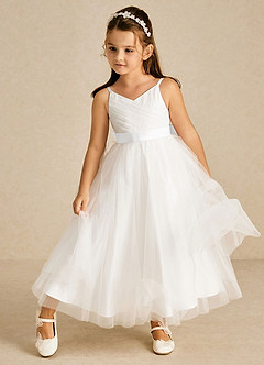 Azazie Lea Flower Girl Dresses White A-Line Spaghetti Strap Tulle Dress image3