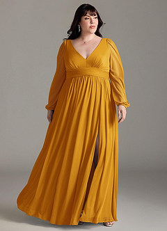 Azazie Norah Bridesmaid Dresses Butterscotch A-Line V-Neck Long Sleeve Chiffon Dress image6