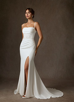 Azazie Alyce Essayer des robes à la maison Robe Sirène en Crêpe Dos Satin Épaule décolletée Blanc De Diamant image6