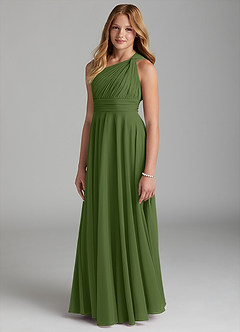 Azazie Charlize Junior Olive A-Line Mesh Dress image1