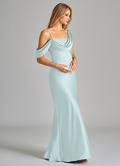Azazie Celina Bridesmaid Dresses Sea Glass Sheath Off the Shoulder Stretch Satin Dress image6