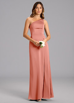 Azazie Phaedra Bridesmaid Dresses Coral A-Line One Shoulder Stretch Satin Dress image4