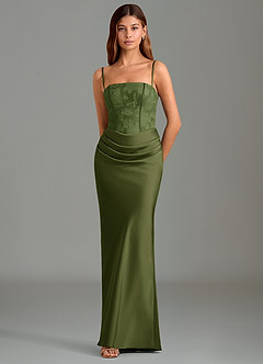 Azazie Emilia Abiti da Damigella Abito Sirena in Raso Elasticizzato Senza Cinturino Oliva image4