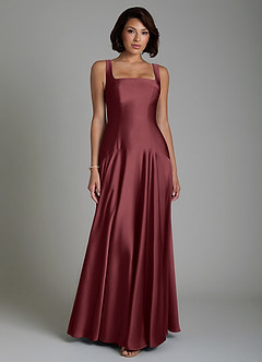 Azazie Reina At-home Try On Dresses Dusty Blue A-Line Pleated Stretch Satin Dress image1