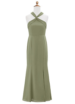 Azazie Rue Junior Vestido de Pistacho de Gasa de Corte Sirena con Corte Lateral image6