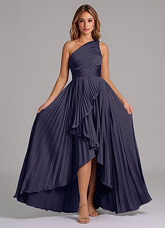 Azazie Lyrica 신부 들러리 드레스 A라인 한쪽 어깨 스트레치 새틴 비대칭 드레스 image6