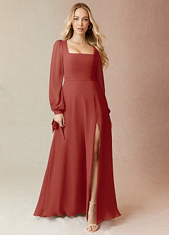 Azazie Leonia Abiti da Damigella Abito A-Line in Chiffon Manica Lunga Terracotta image3