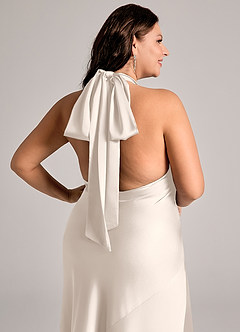 Azazie Velli Vestidos de damas de honor Vestido Alabastro Blanco de Satén Elástico de Corte Sirena con Cuello alto image12