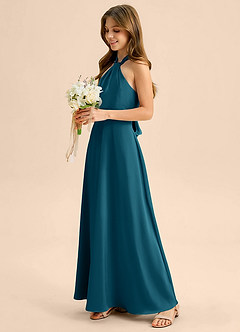 Azazie Beah Junior Vestido de Azul Tinta de Satén Elástico de Corte en A con Plisado image7