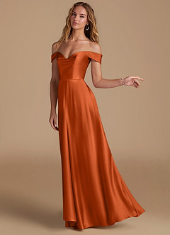 Azazie Jackalin Bridesmaid Dresses Burnt Orange A-Line Off the Shoulder Metallic Satin Convertible Dress image4