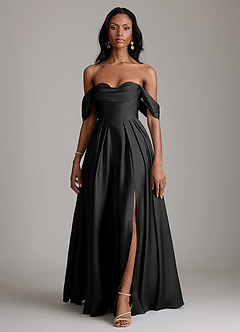 Azazie Loisa Abiti da Damigella Abito A-Line in Raso Elasticizzato a Spalla Scoperta Nero image7
