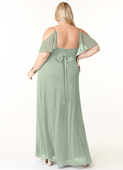 Azazie Fiena Final Sale Dusty Sage A-Line V-neck Ruched Mesh Dress image8