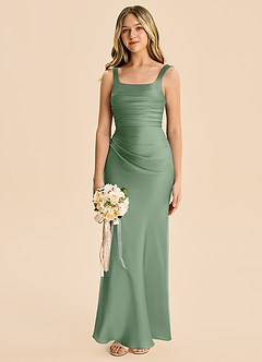 Azazie Lula Junior Matcha Sheath Pleated Stretch Satin Dress image4