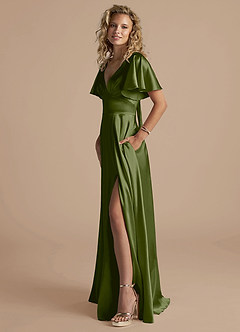 Azazie Kimber Bridesmaid Dresses Olive A-Line Ruched Metallic Satin Dress image3