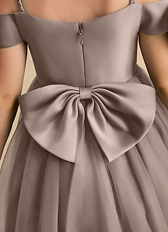 Azazie Amie Flower Girl Dresses Taupe A-Line Off the Shoulder Matte Satin Dress image8