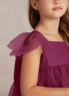 Azazie Kalio Flower Girl Dresses Mulberry A-Line with Sleeves Tulle Dress image3
