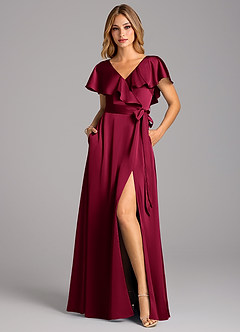 Azazie Lainey Bridesmaid Dresses Burgundy A-Line with Pockets Stretch Satin Dress image4