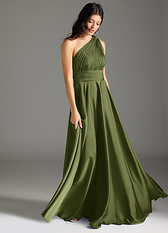 Azazie Charlize Robes de demoiselle d'honneur Robe Trapèze en Satin extensible Asymétrique Olive image11